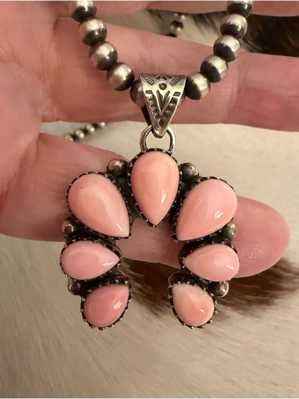 ❤️ Queen Pink Conch Navajo Style Sterling Silver NAJA Statement Pendant 1.60”L